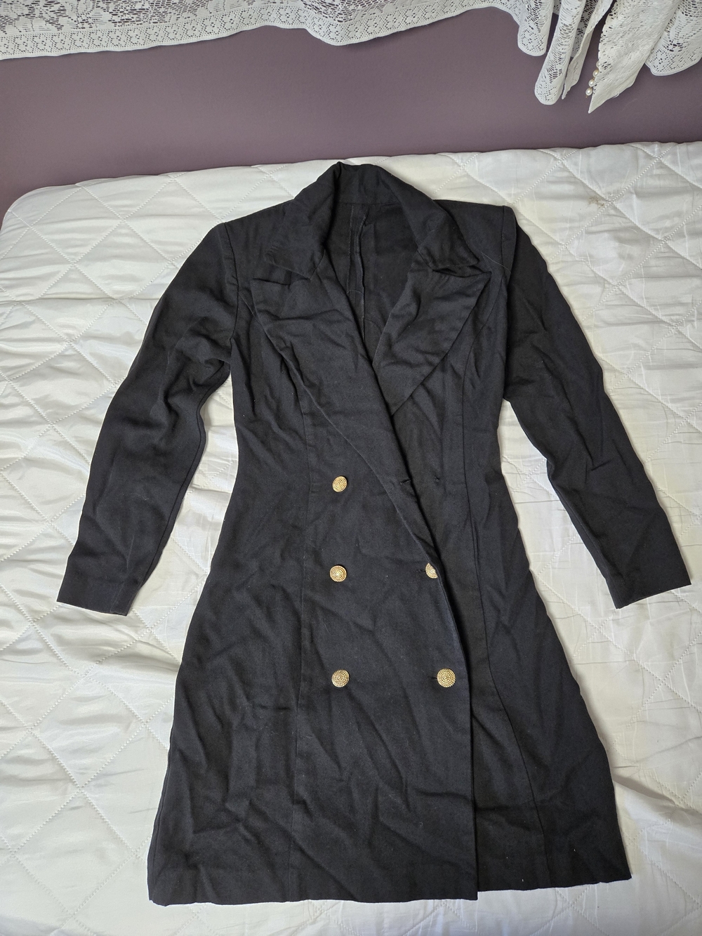 Vintage Black Coat Dress, Gold Rope Buttons - Sz S